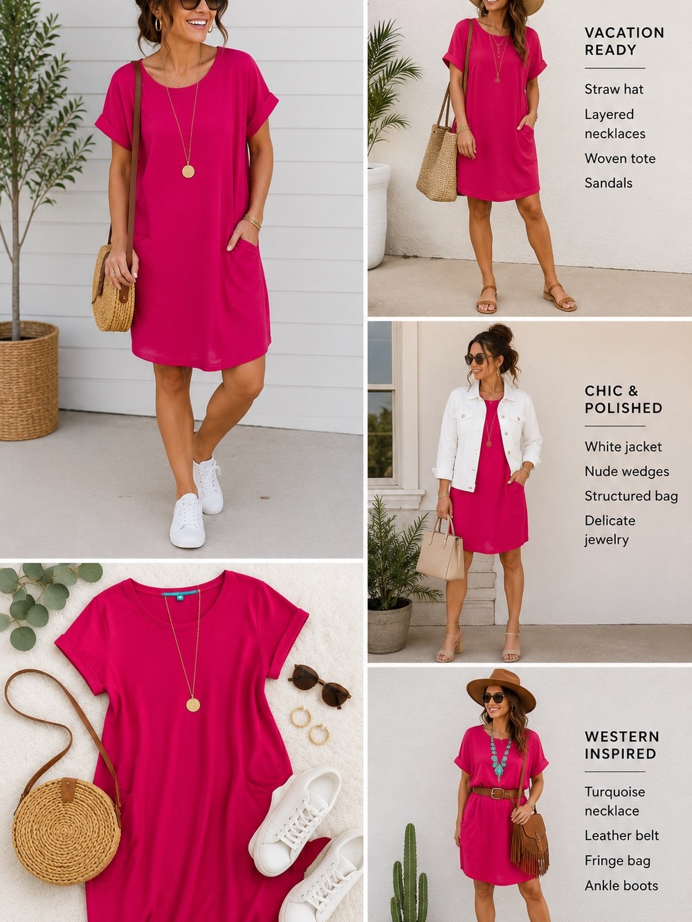 Women's Short Sleeve Scoop Neck Pocket Dress - Fuchsia